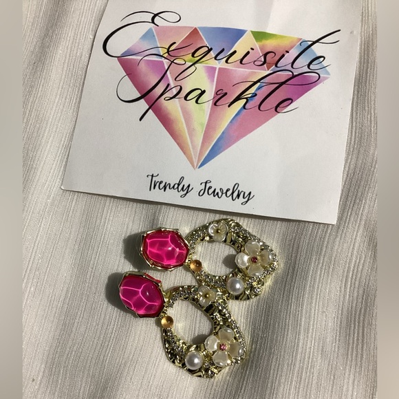 - 💖Pink &GoldTone Resin Post Back Statement Drop Dangle Earrings - Picture 10 of 16